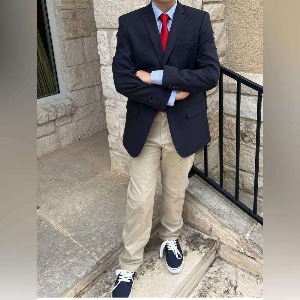 Navy Blazer with Blue Shirt and Khaki Pants